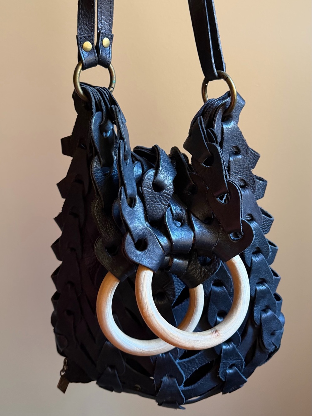 Italian Leather Woven Tote with Wooden Ring Handles - Picture 6 of 6